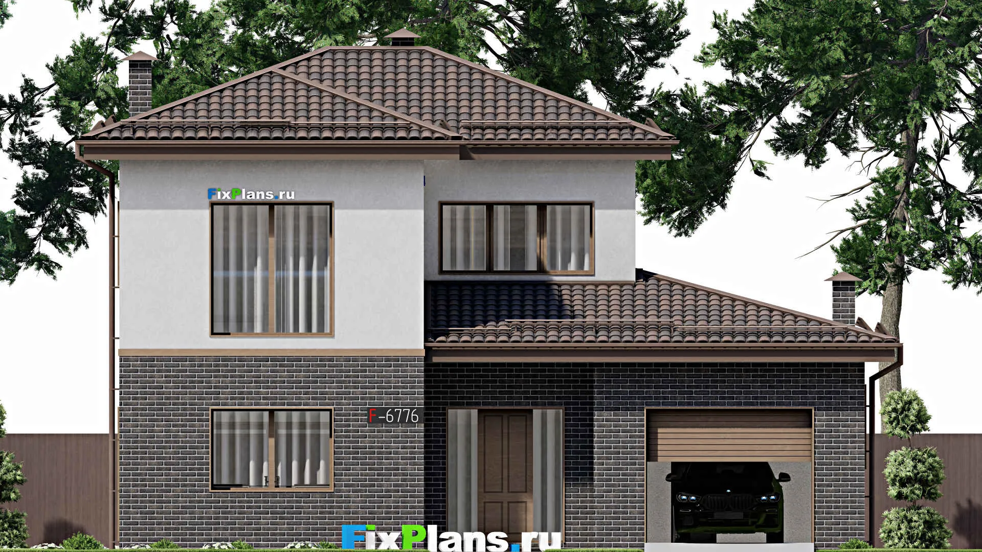 F-6776 - Проект двухэтажного дома 14 на 16, площадью 200 м² с террасой, гаражом на 1 машину и 4 спальнями