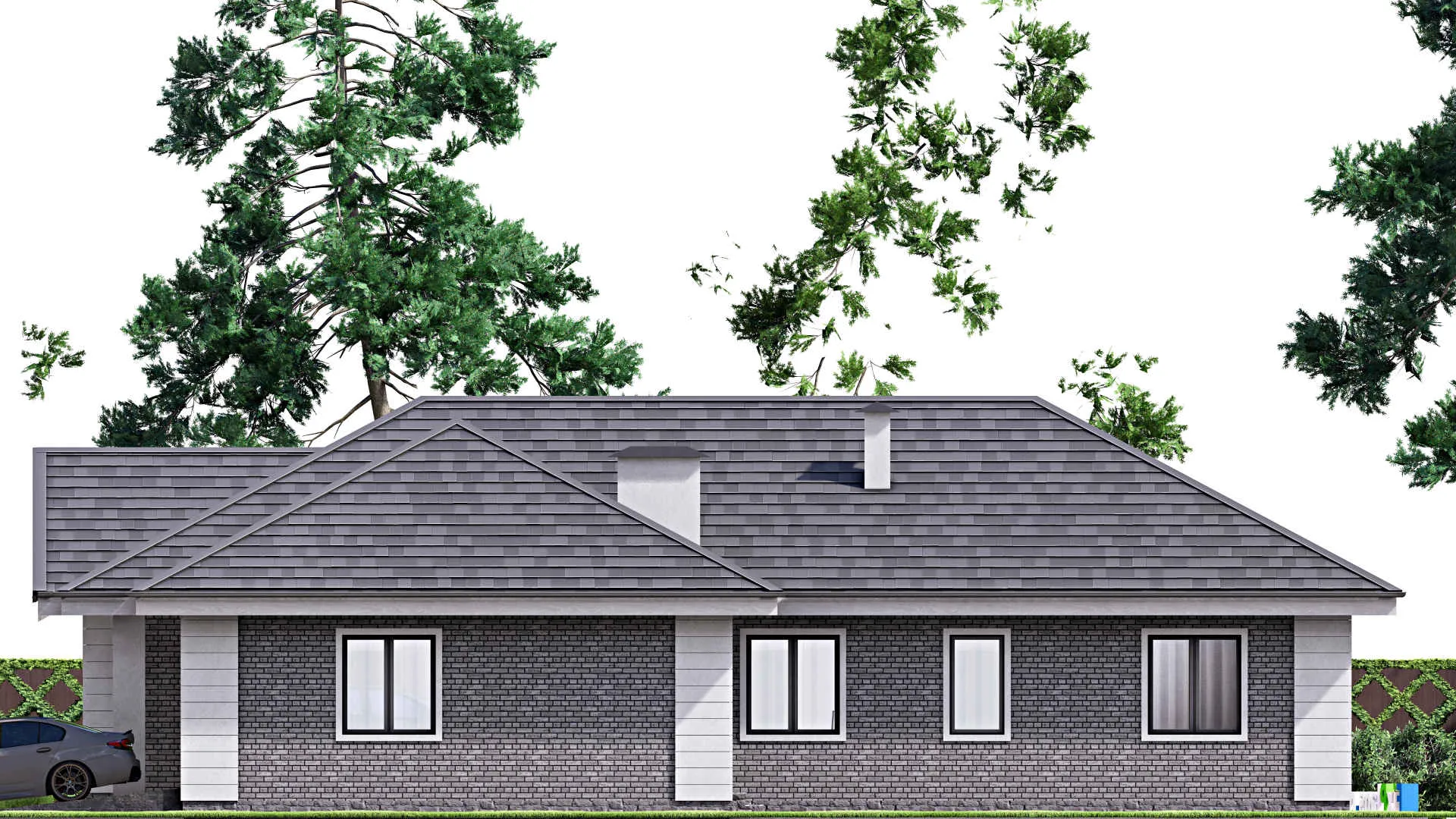 F-16136 - Проект одноэтажного дома 16 на 20, площадью 210 м² с террасой, гаражом на 1 машину и 3 спальнями