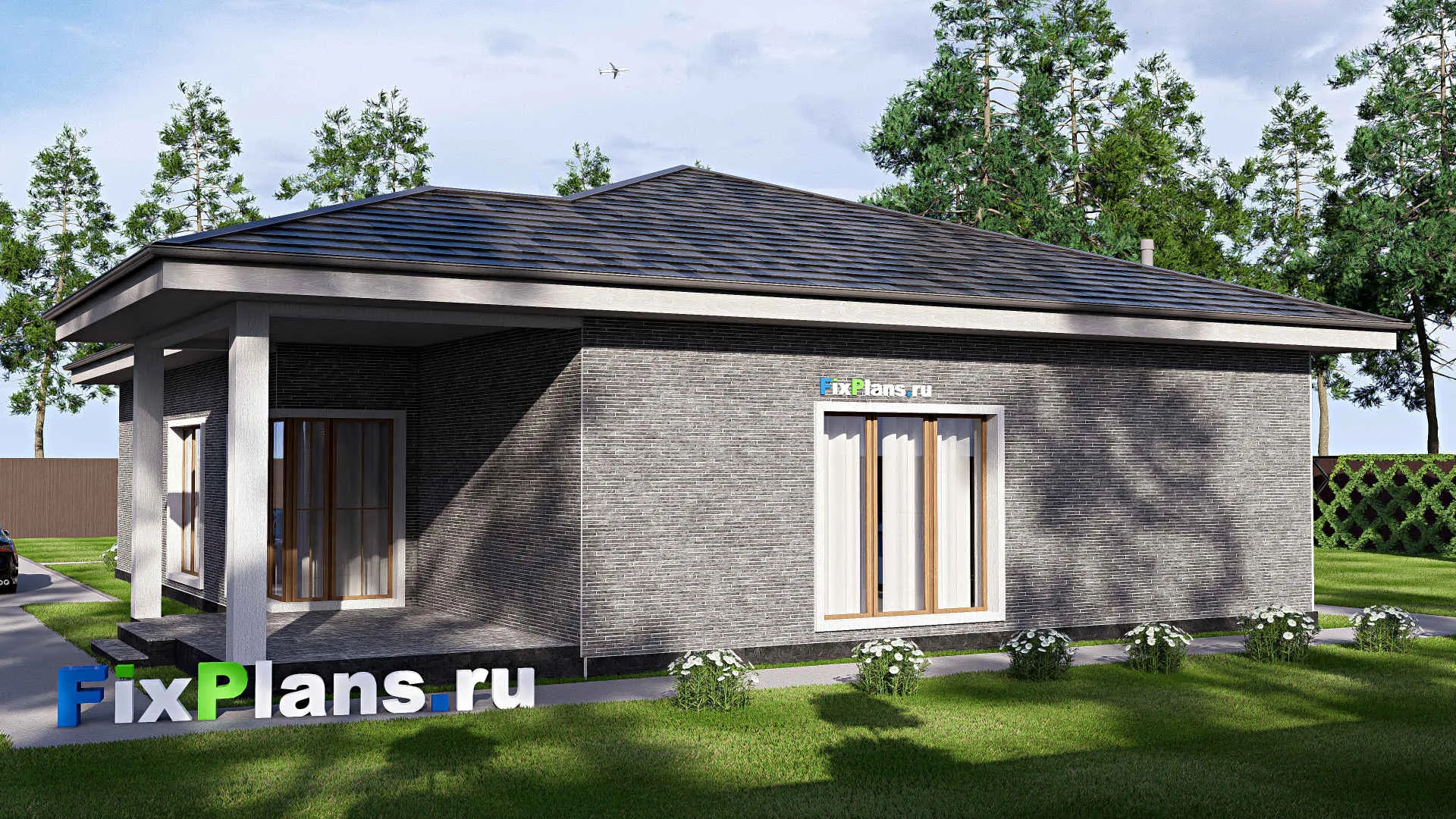 F-20384 - Проект одноэтажного дома 15 на 19, площадью 200 м² с террасой и 3 спальнями