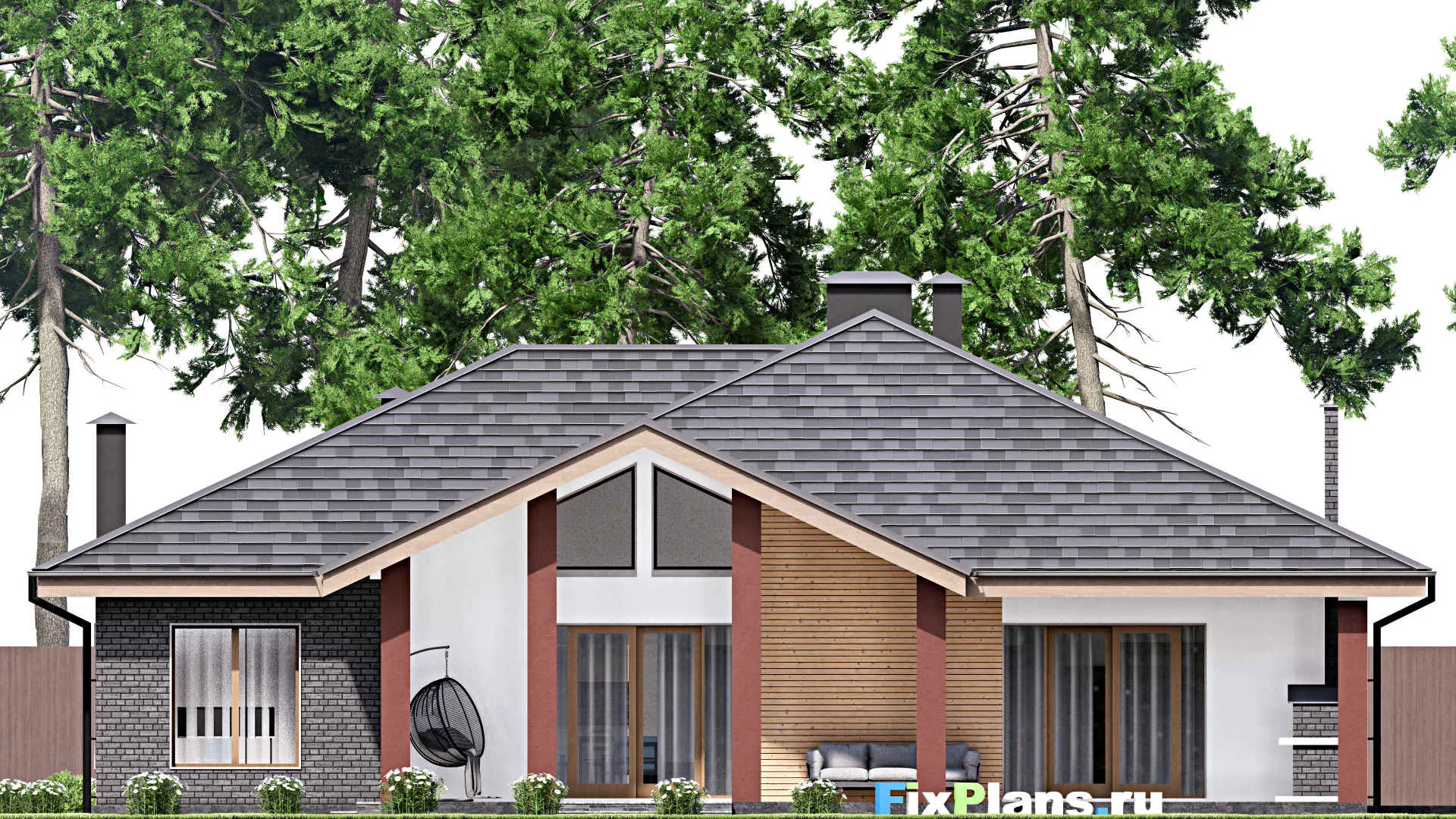 F-12905 - Проект одноэтажного дома 18 на 18, площадью 290 м² с террасой, цокольным этажом, гаражом на 2 машины и 3 спальнями