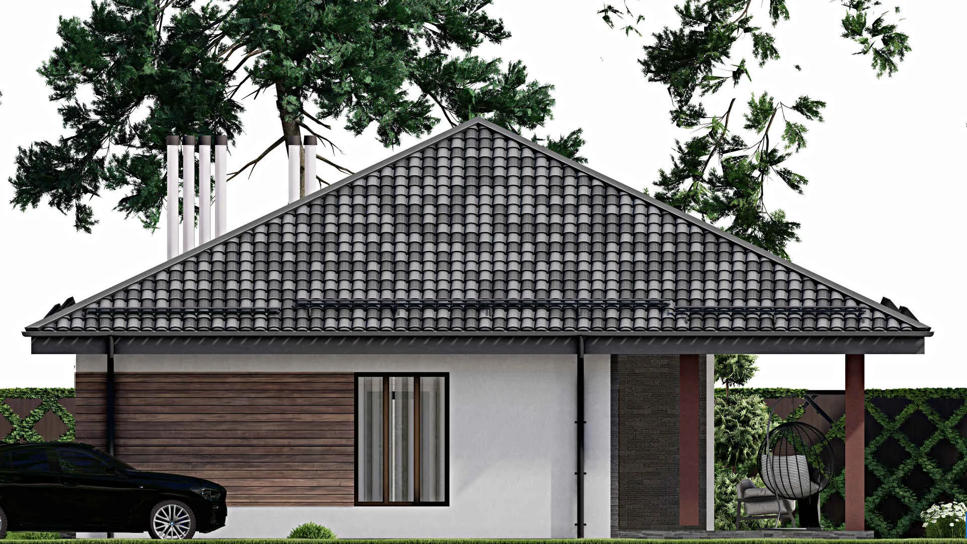 F-9548 - Проект одноэтажного дома 13 на 15, площадью 150 м² с террасой и 2 спальнями