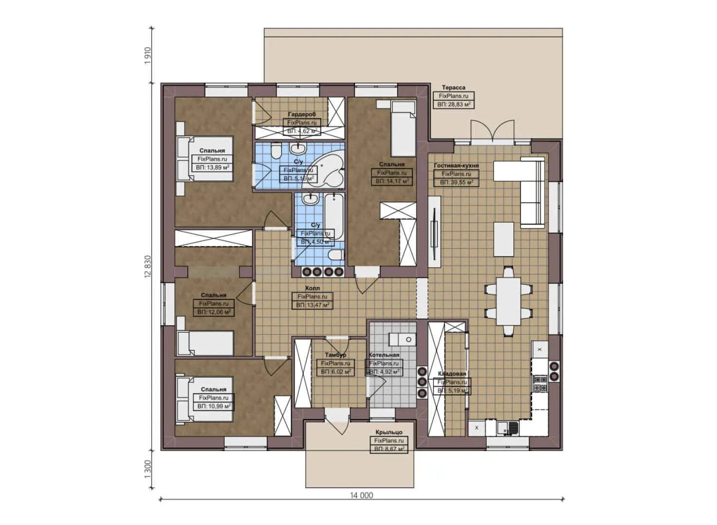 F-4886 - План одноэтажного дома 13 на 14, площадью 180 м² с террасой и 4 спальнями