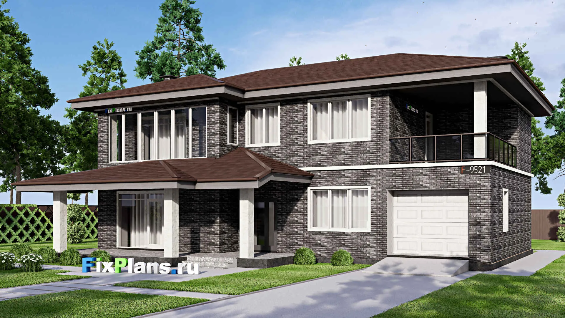 F-9521 - Проект двухэтажного дома 15 на 17, площадью 290 м² с террасой, балконом, баней, гаражом на 1 машину и 3 спальнями
