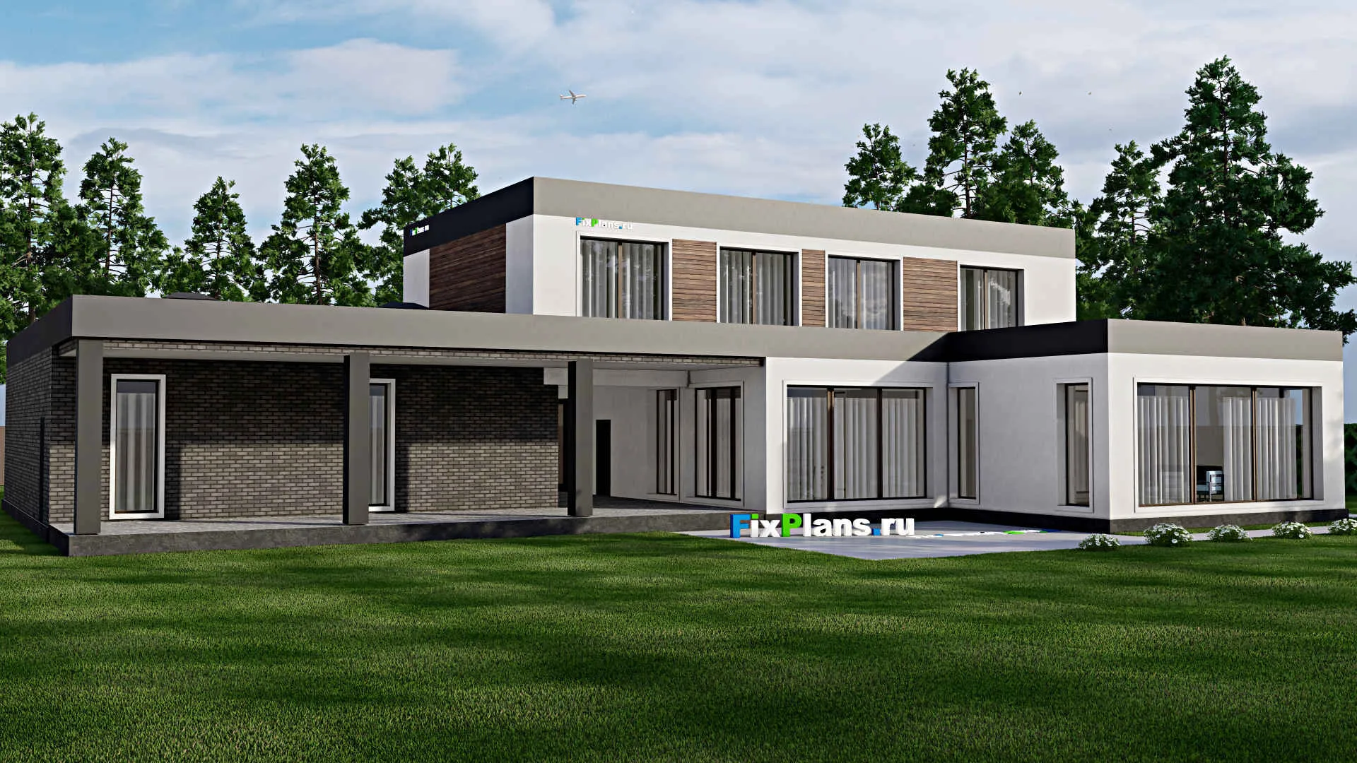 F-9296 - Проект двухэтажного дома 22 на 29, площадью 510 м² с террасой, баней, гаражом на 2 машины и 5 спальнями