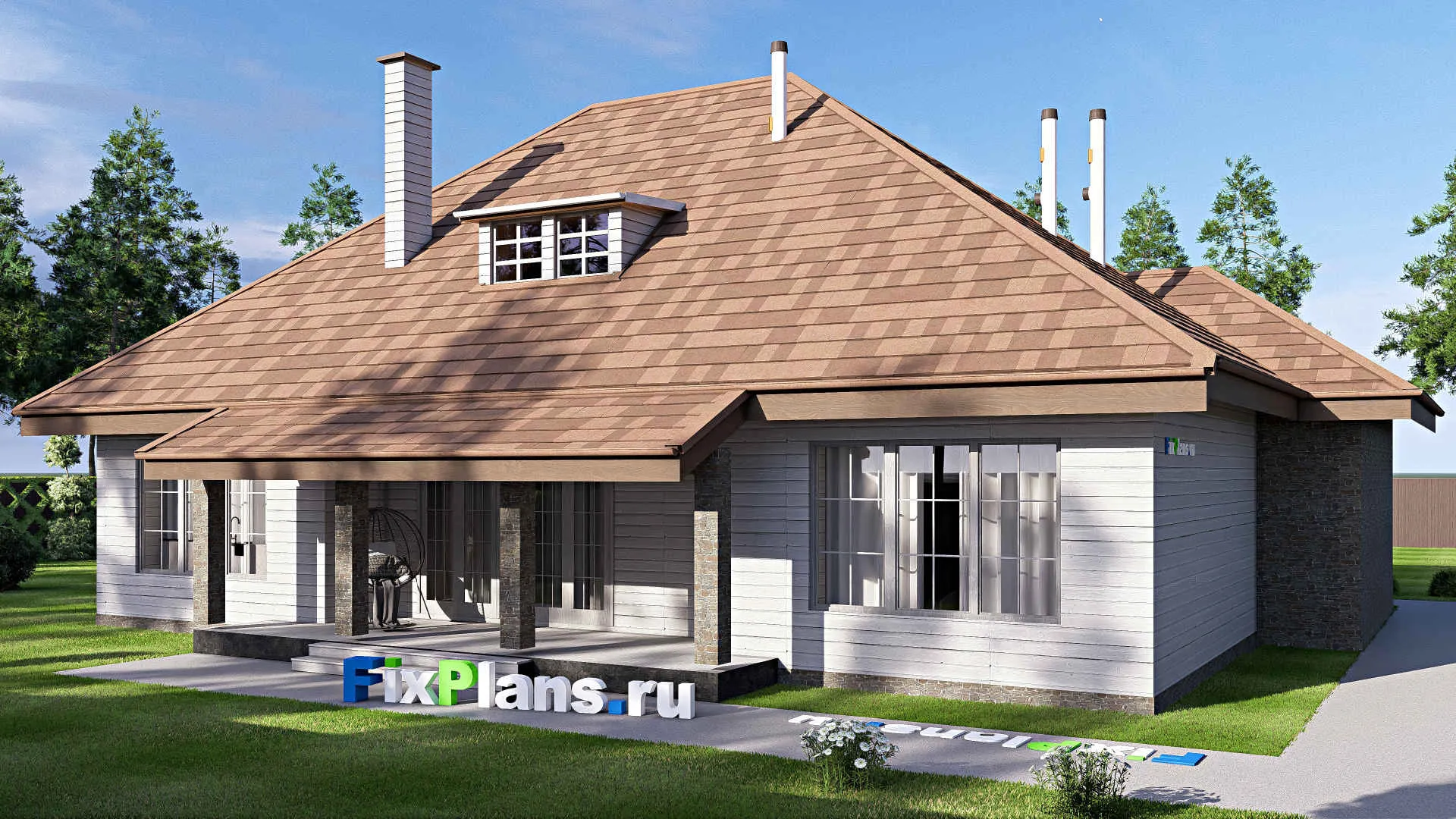 F-19808 - Проект дома с мансардой 22 на 23, площадью 330 м² с террасой, гаражом на 2 машины и 3 спальнями