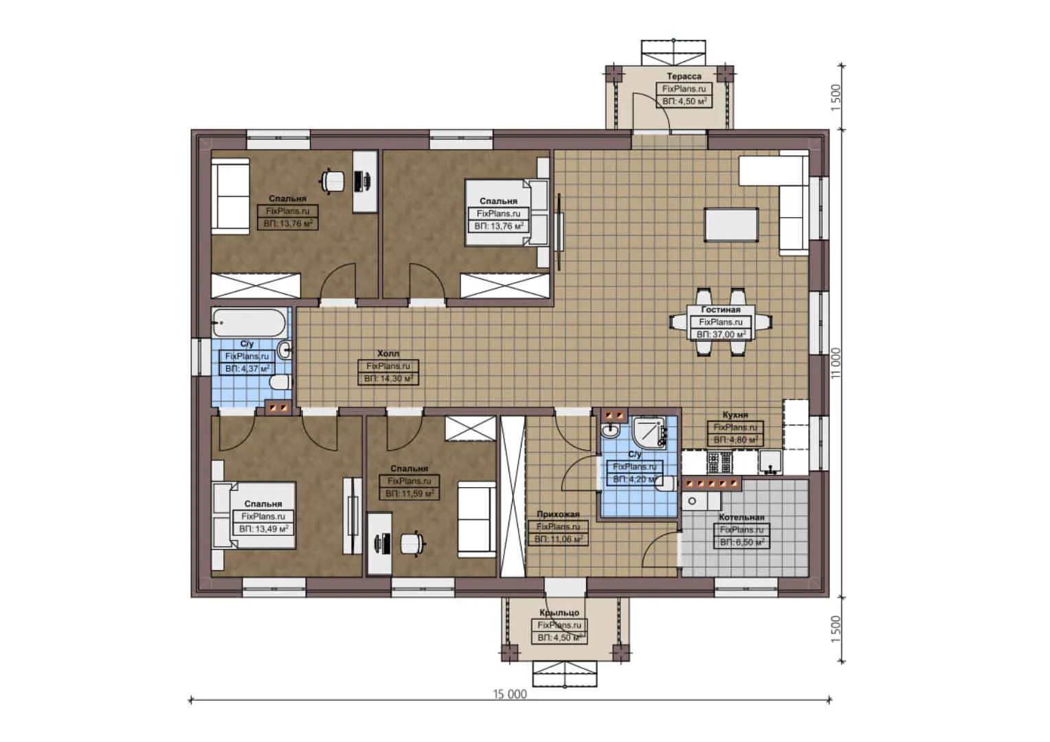 F-0665 - План одноэтажного дома 11 на 15, площадью 290 м² с террасой и 8 спальнями