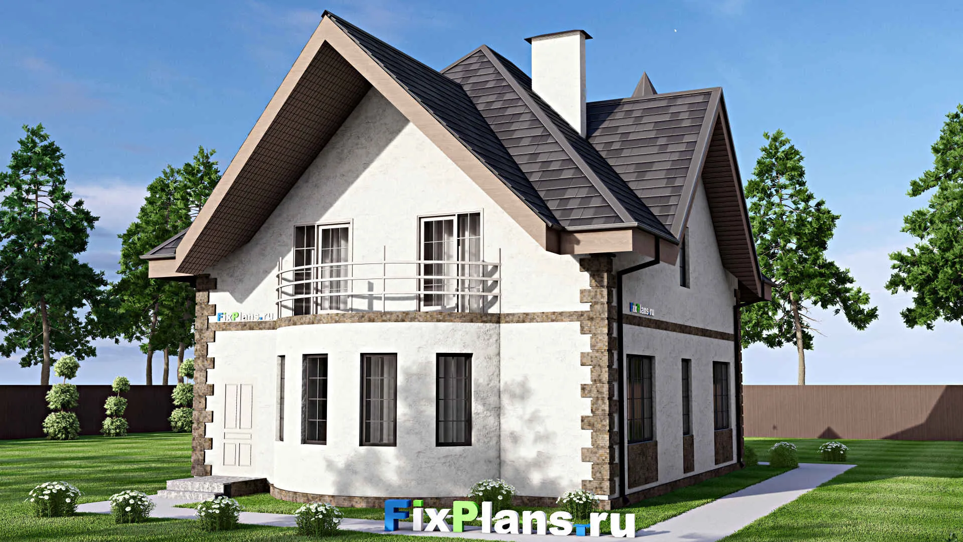 F-13553 - Проект дома с мансардой 12 на 15, площадью 200 м² с балконом и 4 спальнями