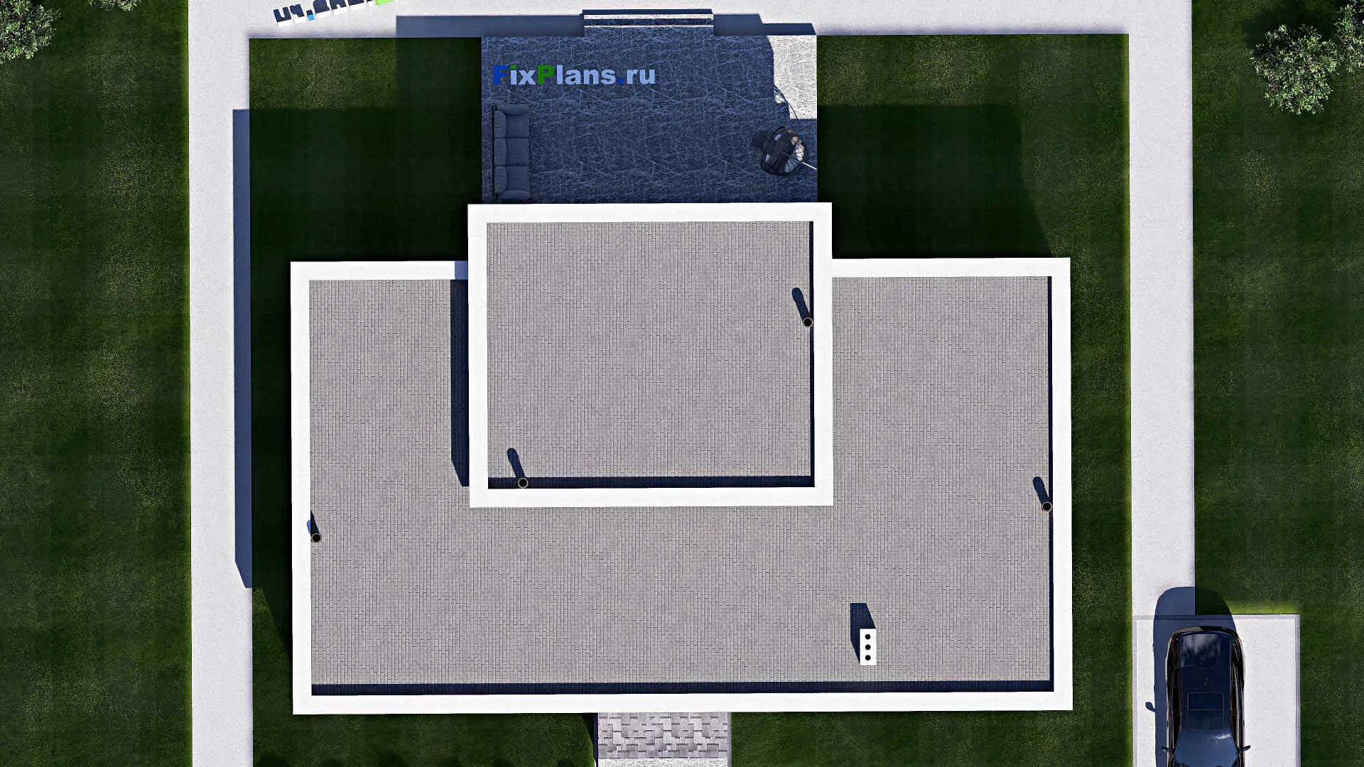 F-19601 - Проект одноэтажного дома 18 на 19, площадью 220 м² с террасой и 4 спальнями