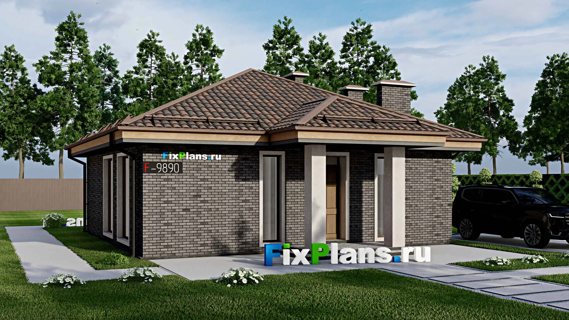 F-9890 - Проект одноэтажного дома 10 на 14, площадью 90 м² с террасой и 3 спальнями