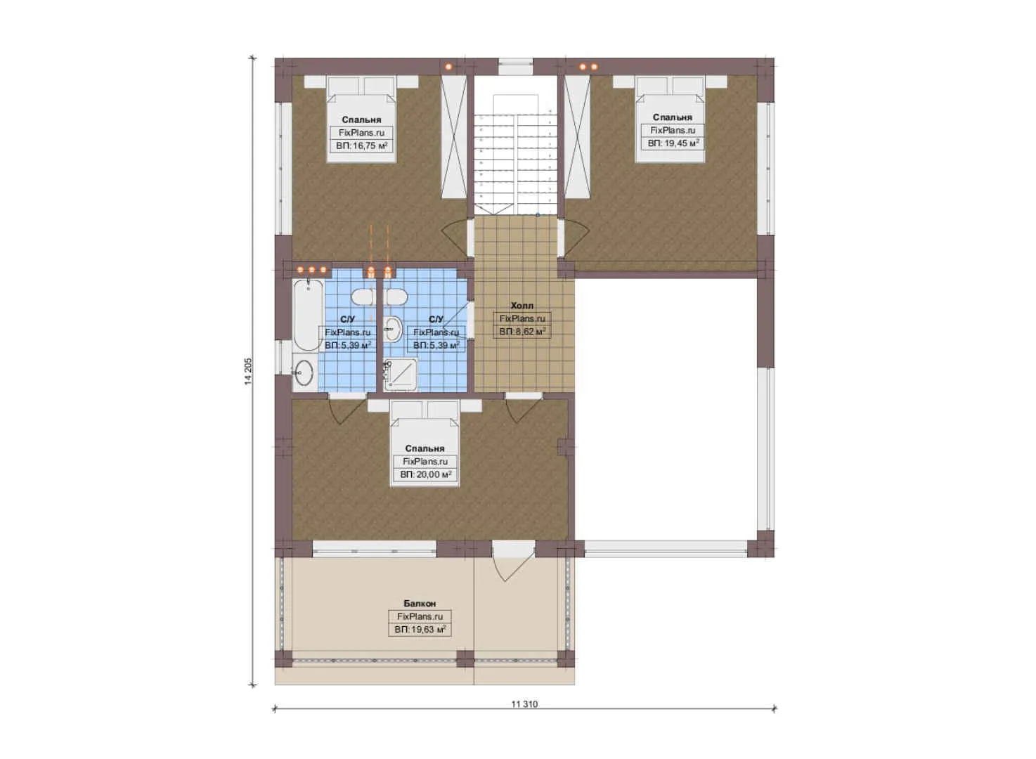 F-20276 - Планы двухэтажного дома 14 на 15, площадью 230 м² с террасой, балконом и 4 спальнями