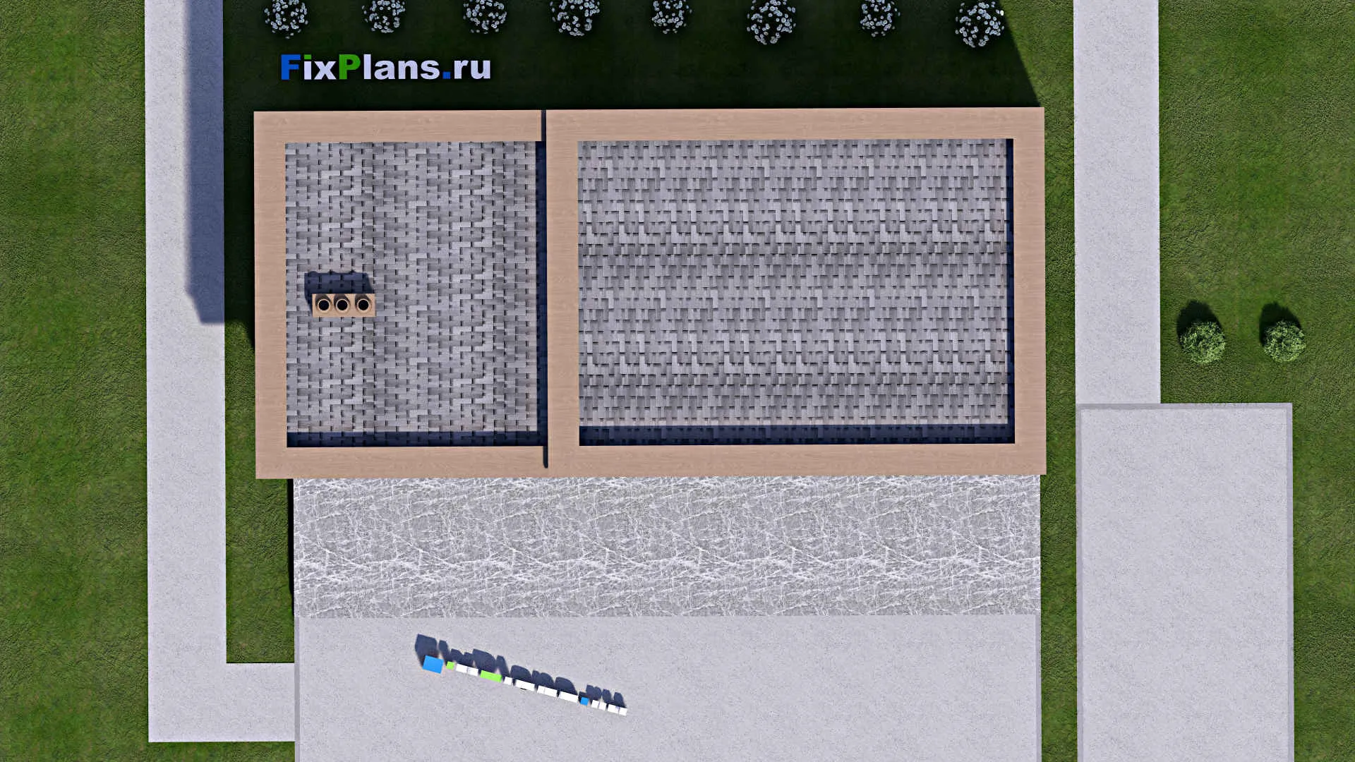 F-14957 - Проект бани 10 на 15, площадью 110 м² с комнатой отдыха, терассой, бассейном и санузлом