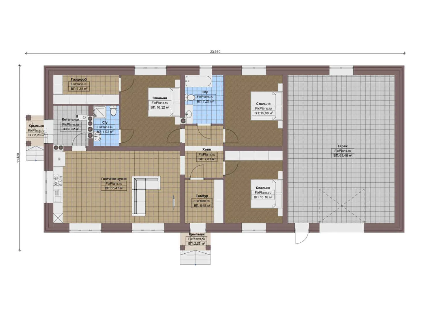 F-13661 - План одноэтажного дома 12 на 24, площадью 190 м² с гаражом на 2 машины и 3 спальнями