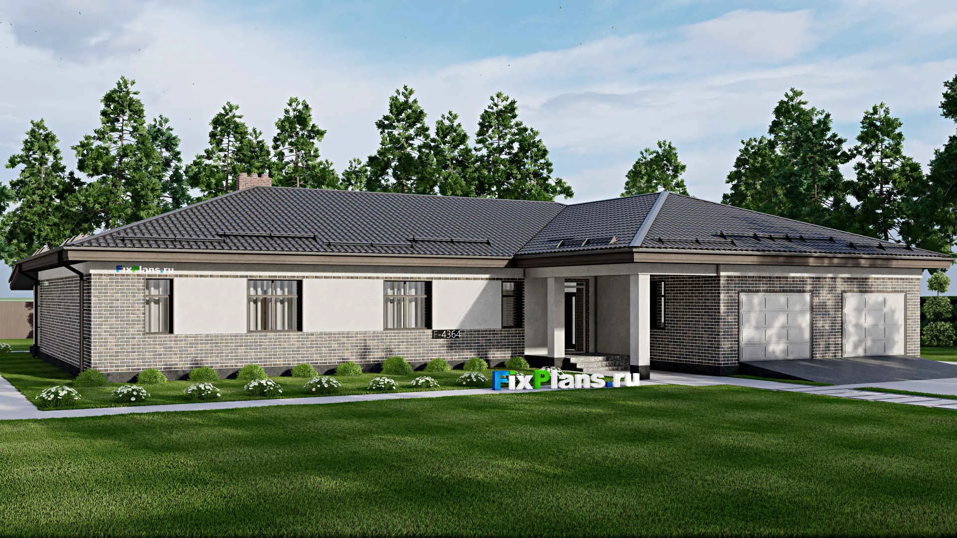 F-4364 - Проект одноэтажного дома 20 на 26, площадью 440 м² с террасой, баней, гаражом на 2 машины и 3 спальнями