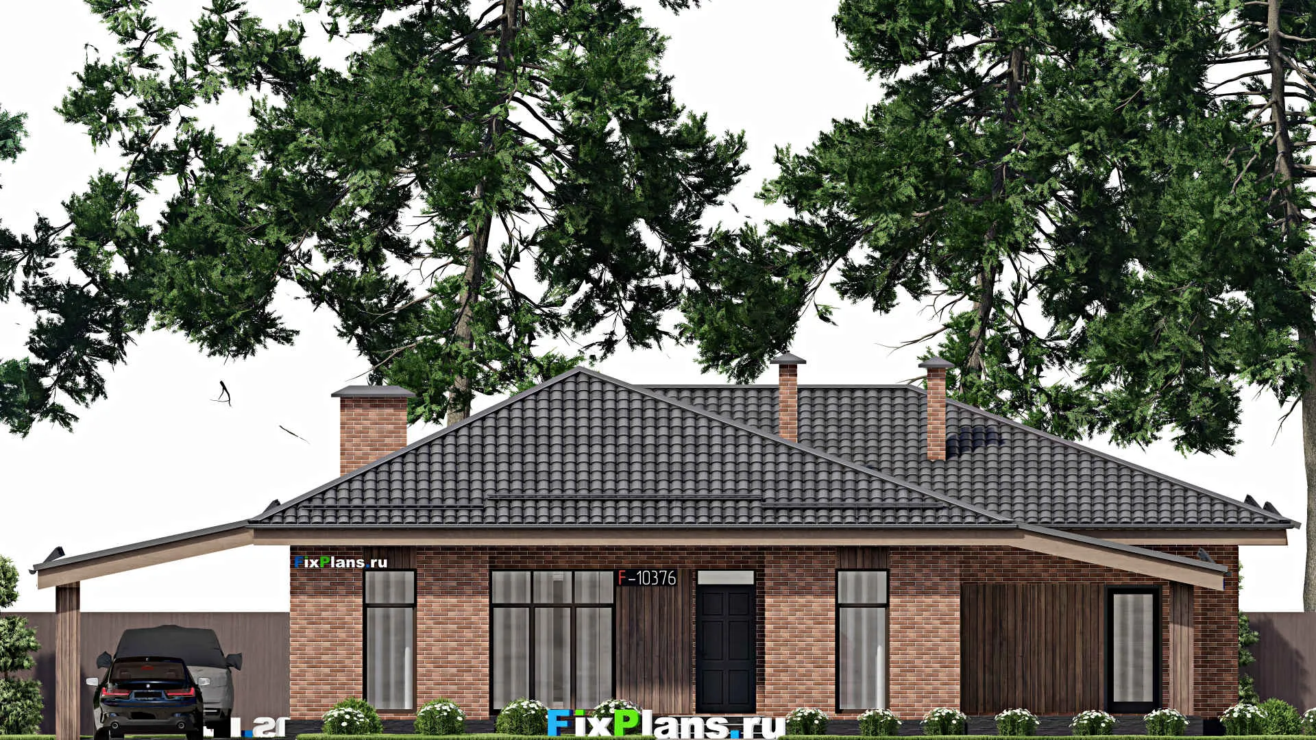 F-10376 - Проект одноэтажного дома 14 на 20, площадью 200 м² с террасой и 3 спальнями