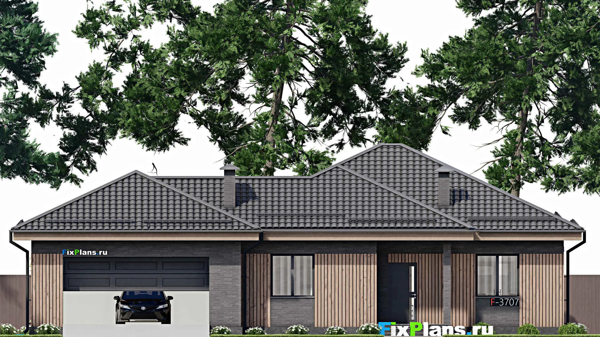 F-3707 - Проект одноэтажного дома 14 на 19, площадью 170 м² с террасой, гаражом на 2 машины и 2 спальнями