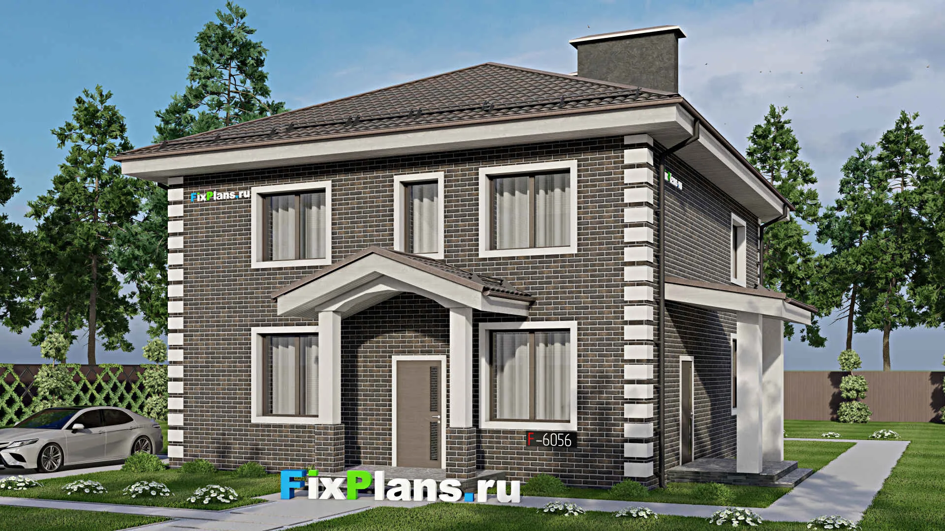 F-6056 - Проект двухэтажного дома 11 на 13, площадью 240 м² с террасой и 4 спальнями