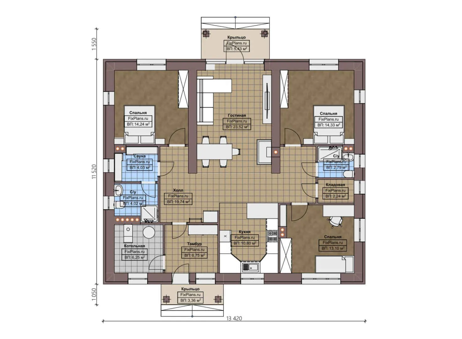 F-2330 - План одноэтажного дома 12 на 14, площадью 140 м² с баней и 3 спальнями