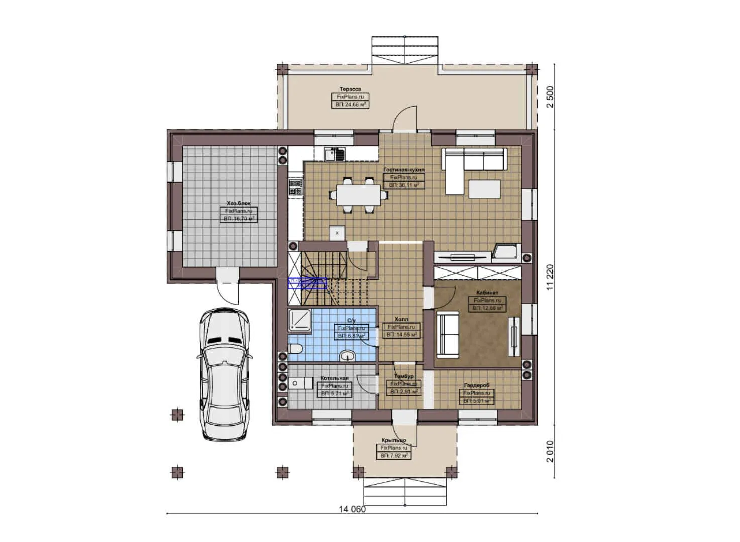 F-3230 - Планы двухэтажного дома 12 на 15, площадью 220 м² с террасой и 3 спальнями