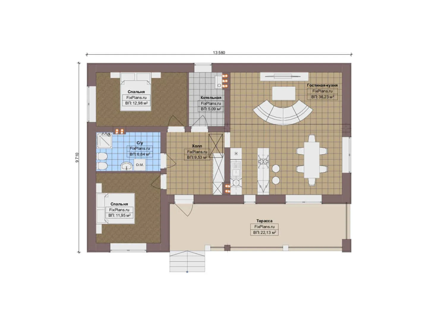 F-12527 - План одноэтажного дома 10 на 14, площадью 110 м² с террасой и 2 спальнями