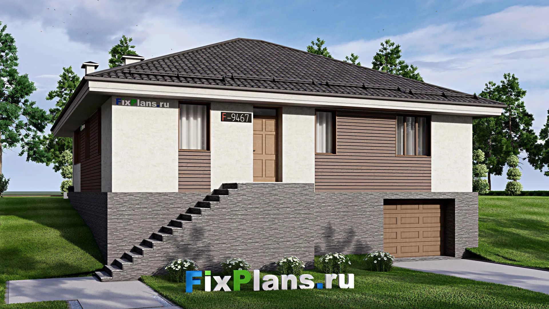 F-9467 - Проект двухэтажного дома 13 на 16, площадью 260 м² с террасой, цокольным этажом, гаражом на 1 машину и 3 спальнями