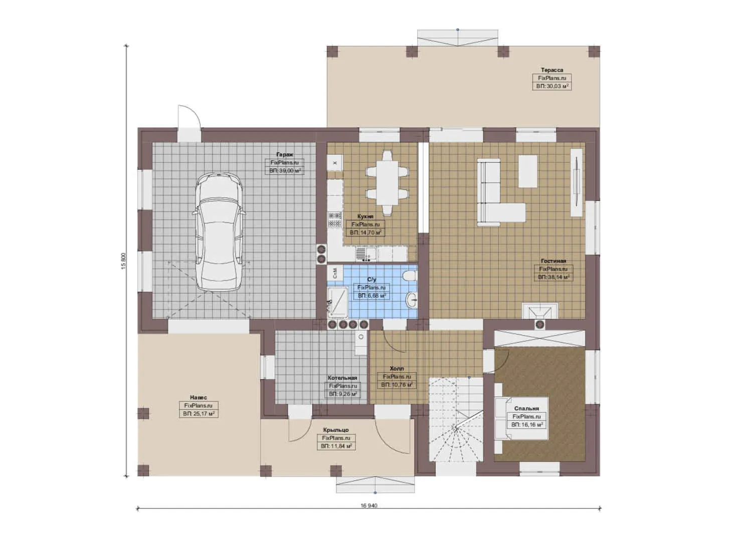 F-14597 - Планы двухэтажного дома 16 на 17, площадью 330 м² с террасой, балконом, гаражом на 2 машины и 4 спальнями