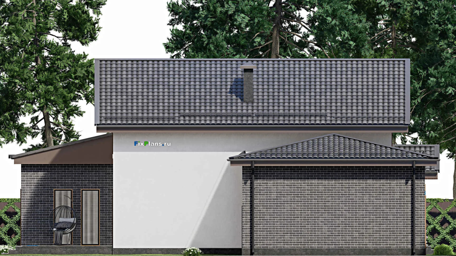 F-6668 - Проект дома с мансардой 17 на 19, площадью 310 м² с террасой, гаражом на 1 машину и 3 спальнями