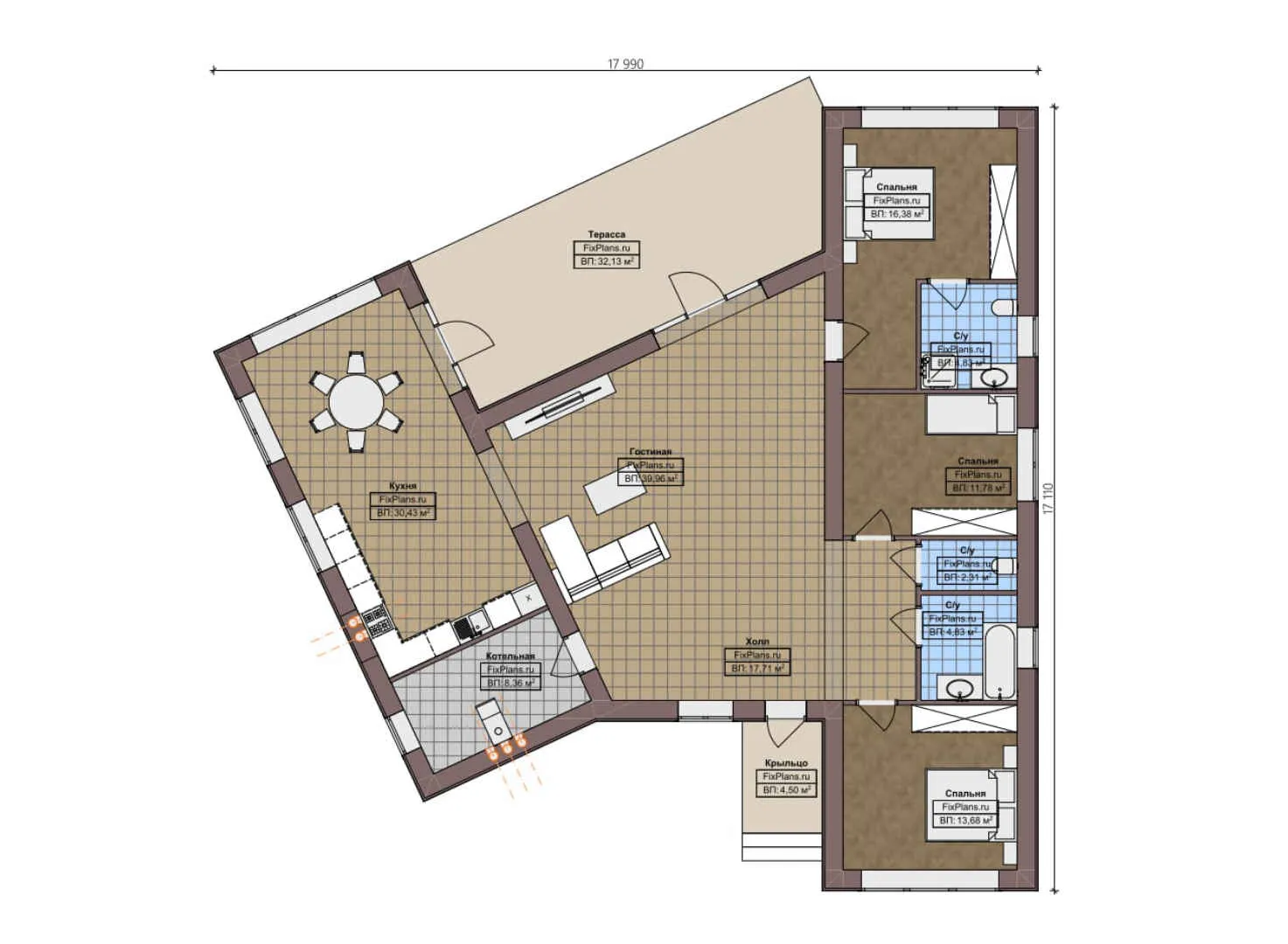 F-4211 - План одноэтажного дома 18 на 18, площадью 190 м² с террасой и 3 спальнями