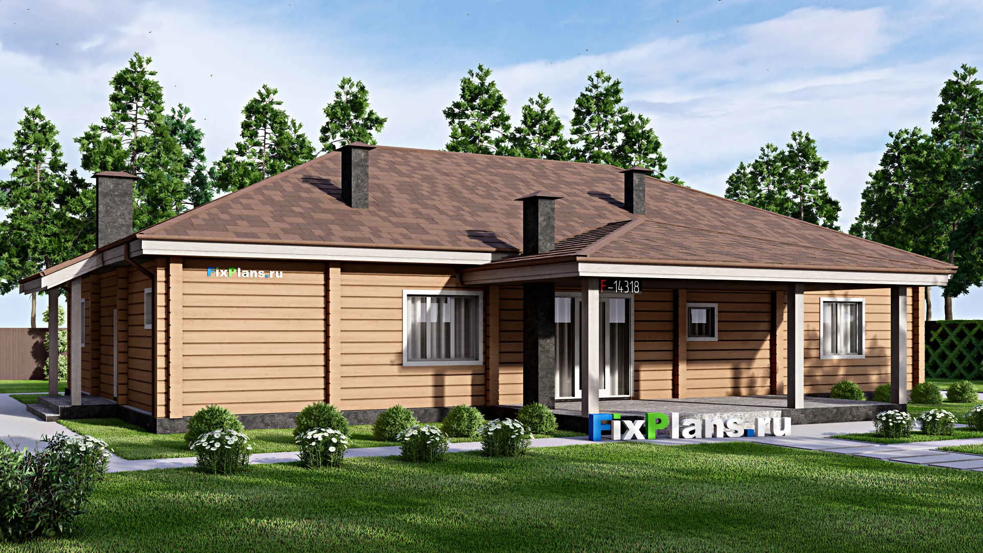 F-14318 - Проект одноэтажного дома 17 на 22, площадью 270 м² с террасой и 5 спальнями