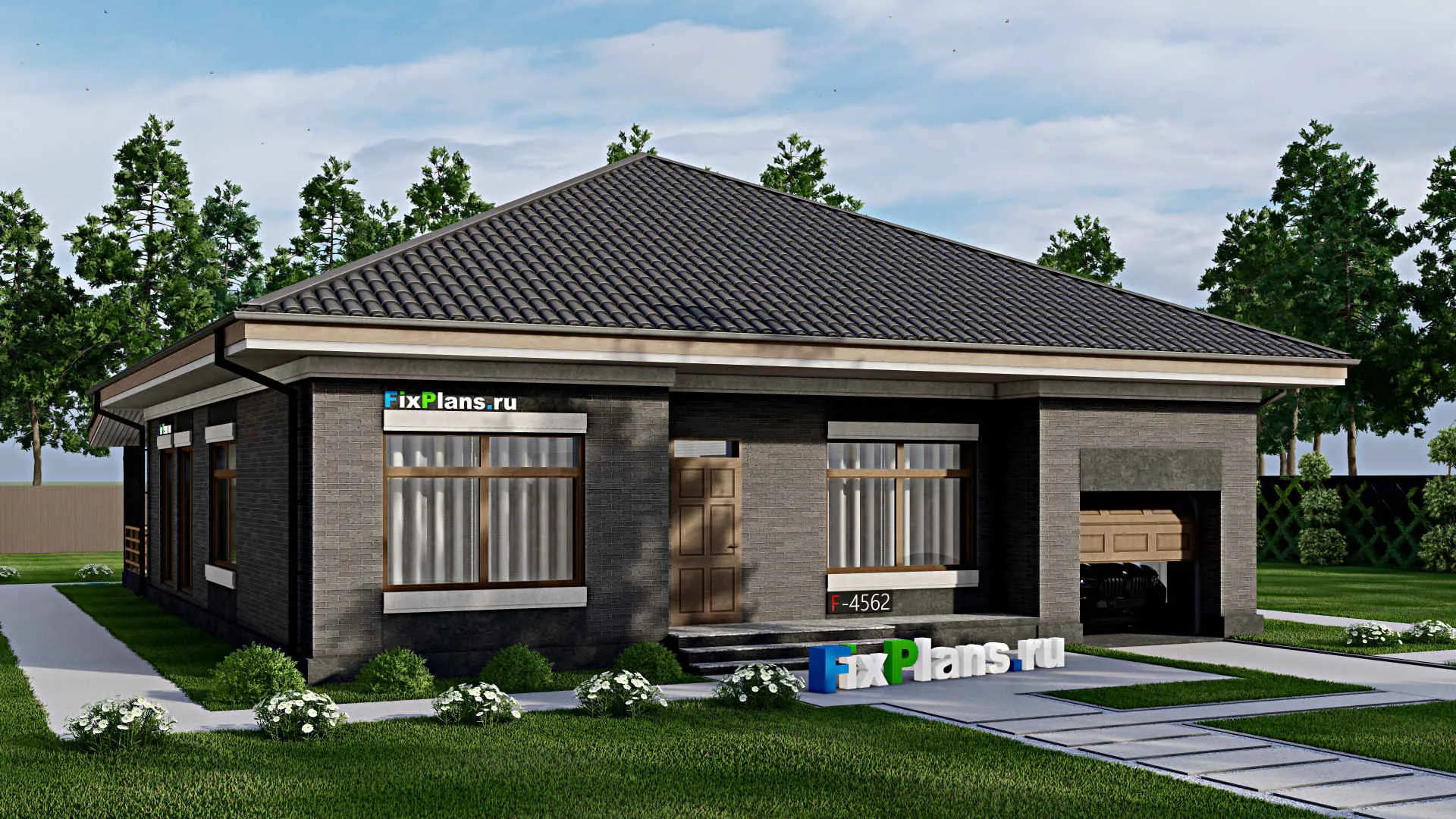 F-4562 - Проект одноэтажного дома 14 на 15, площадью 260 м² с террасой, баней, гаражом на 1 машину, бассейном и 3 спальнями