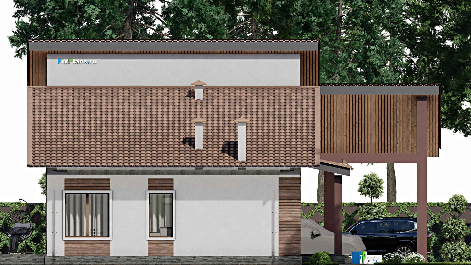 F-9080 - Проект одноэтажного дома 14 на 14, площадью 130 м² с террасой и 2 спальнями