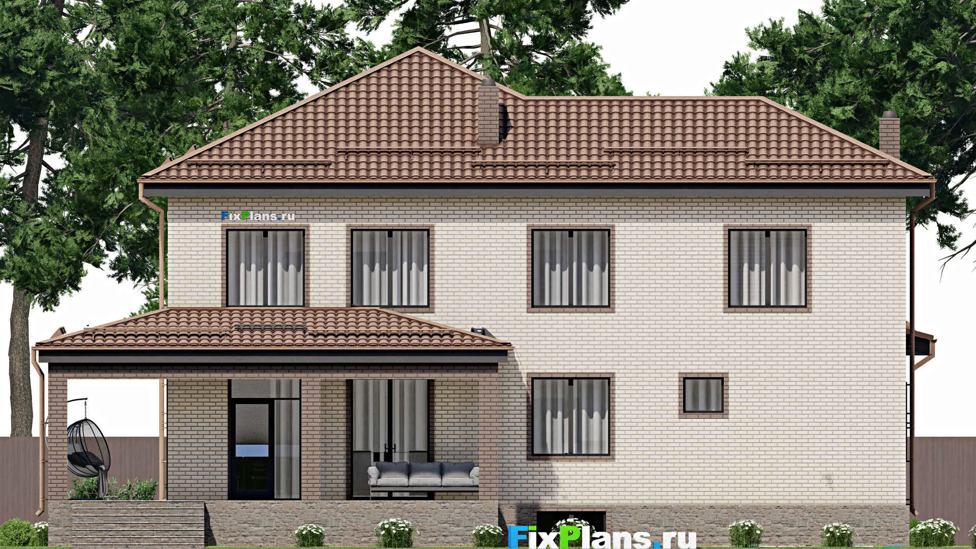 F-3086 - Проект двухэтажного дома 17 на 18, площадью 410 м² с террасой, цокольным этажом, баней, гаражом на 1 машину и 5 спальнями