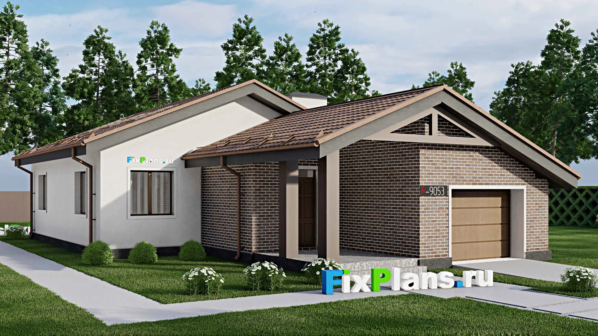 F-9053 - Проект одноэтажного дома 12 на 26, площадью 190 м² с террасой, баней, гаражом на 1 машину и 2 спальнями