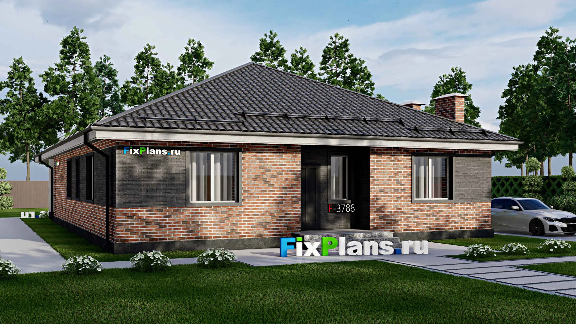 F-3788 - Проект одноэтажного дома 13 на 17, площадью 200 м² с террасой и 4 спальнями