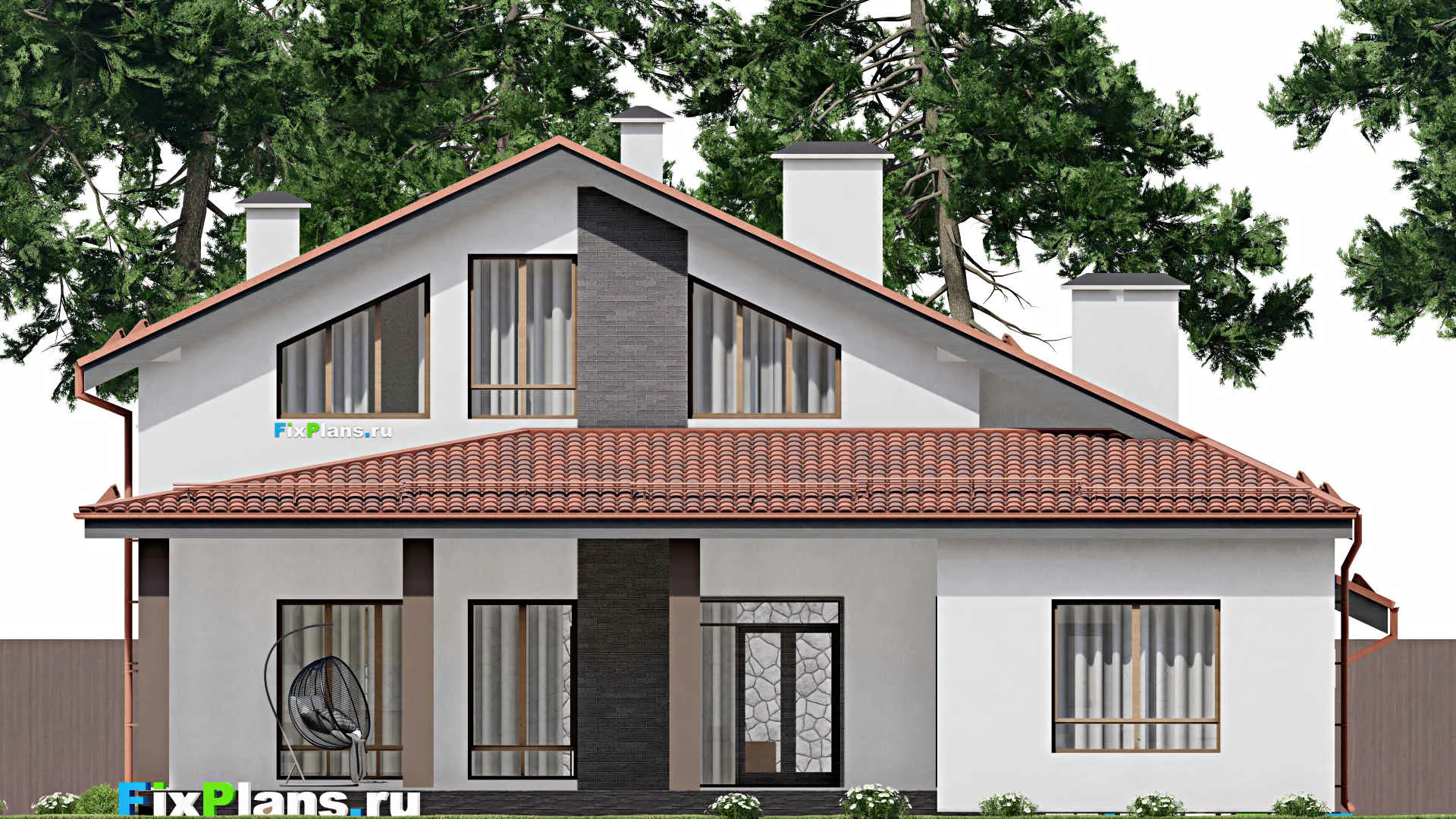 F-9692 - Проект дома с мансардой 16 на 18, площадью 300 м² с террасой, баней, гаражом на 1 машину и 4 спальнями