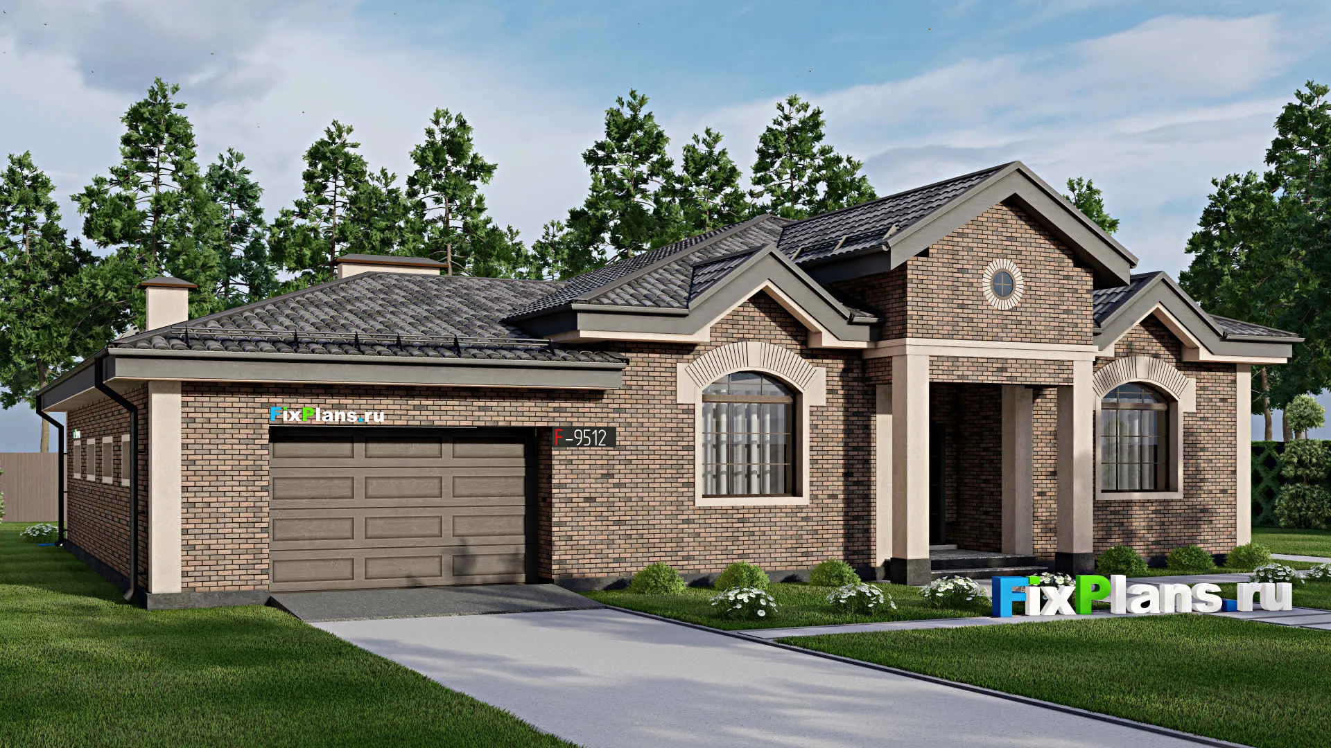 F-9512 - Проект одноэтажного дома 19 на 20, площадью 240 м² с террасой, гаражом на 2 машины и 4 спальнями