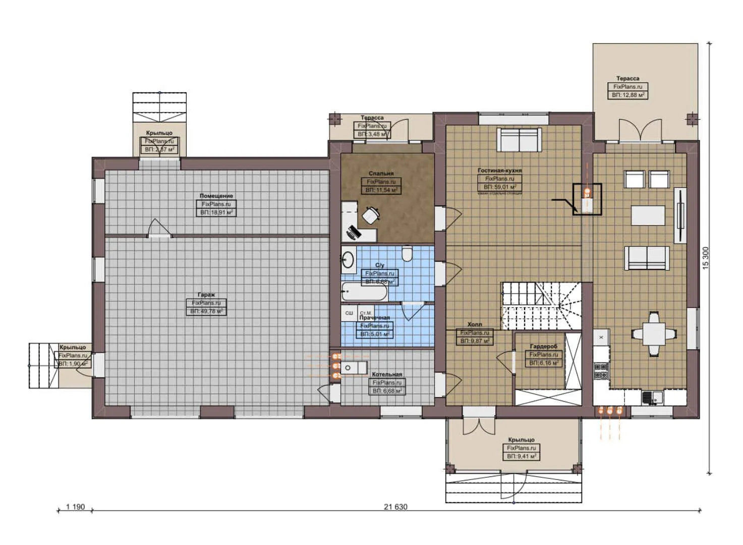 F-6218 - Планы дома с мансардой 16 на 22, площадью 310 м² с террасой, балконом, гаражом на 2 машины и 6 спальнями
