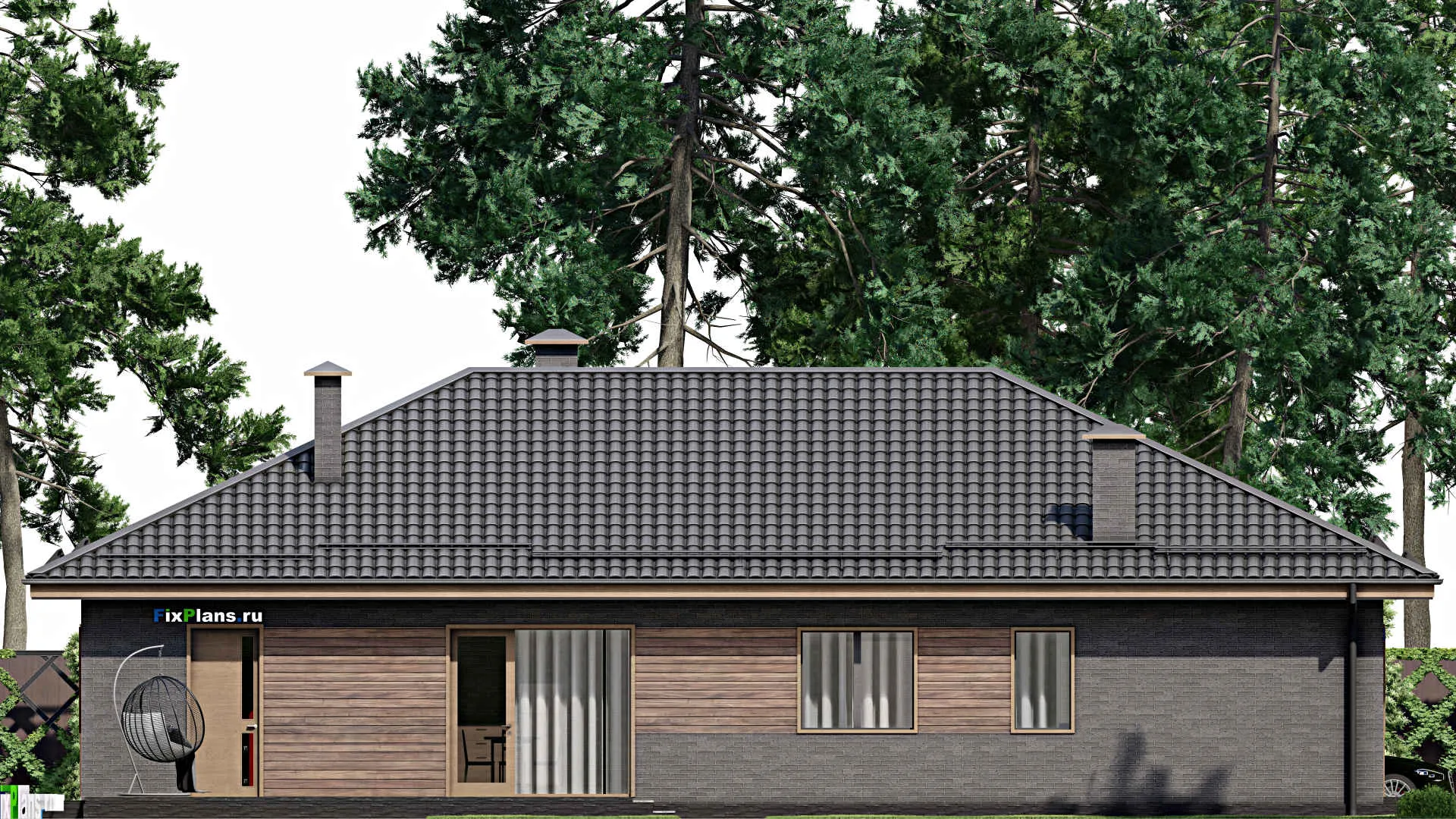 F-4760 - Проект одноэтажного дома 11 на 19, площадью 200 м² с террасой и 5 спальнями