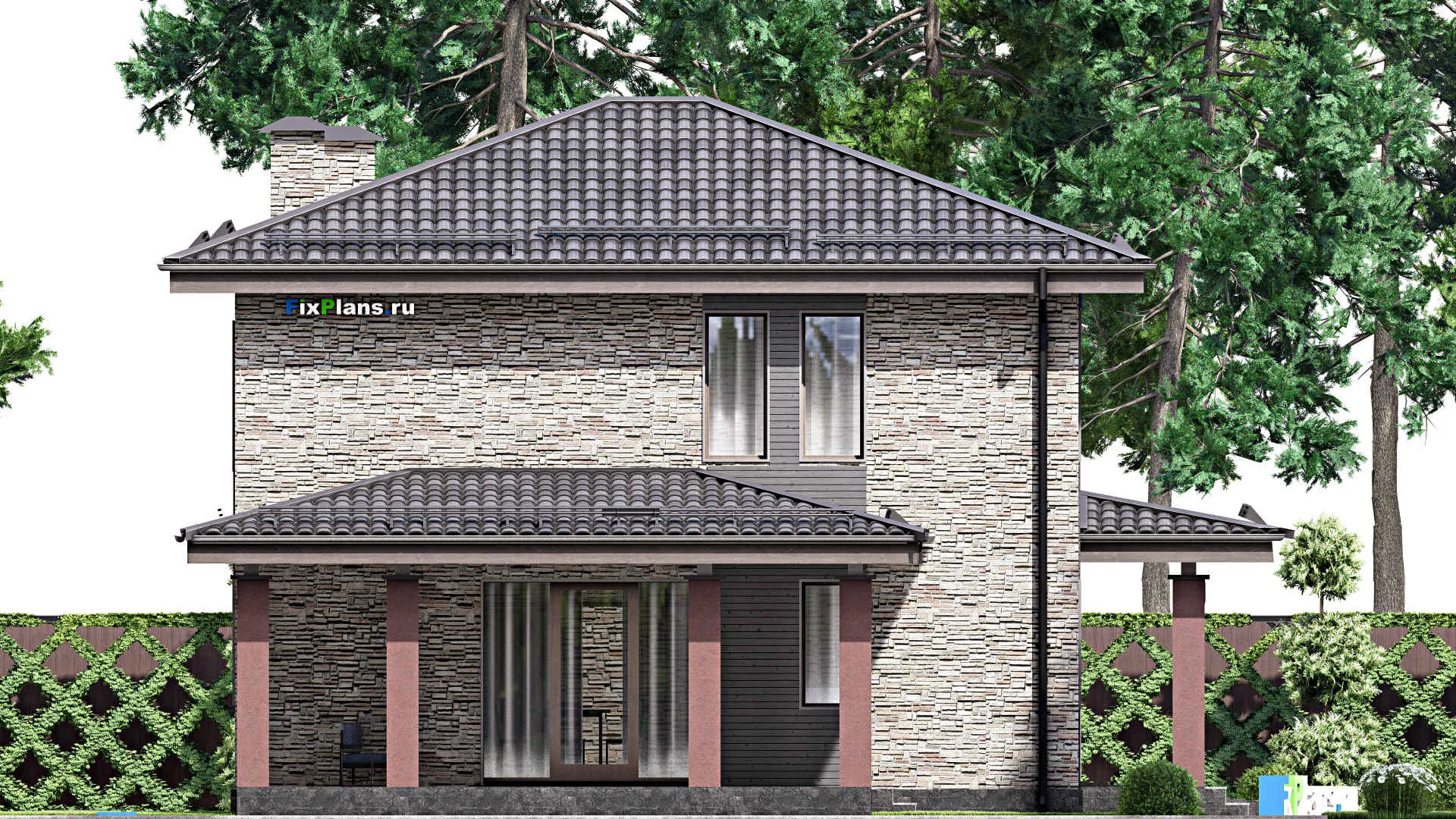 F-12491 - Проект двухэтажного дома 12 на 18, площадью 260 м² с террасой, балконом, гаражом на 1 машину и 3 спальнями