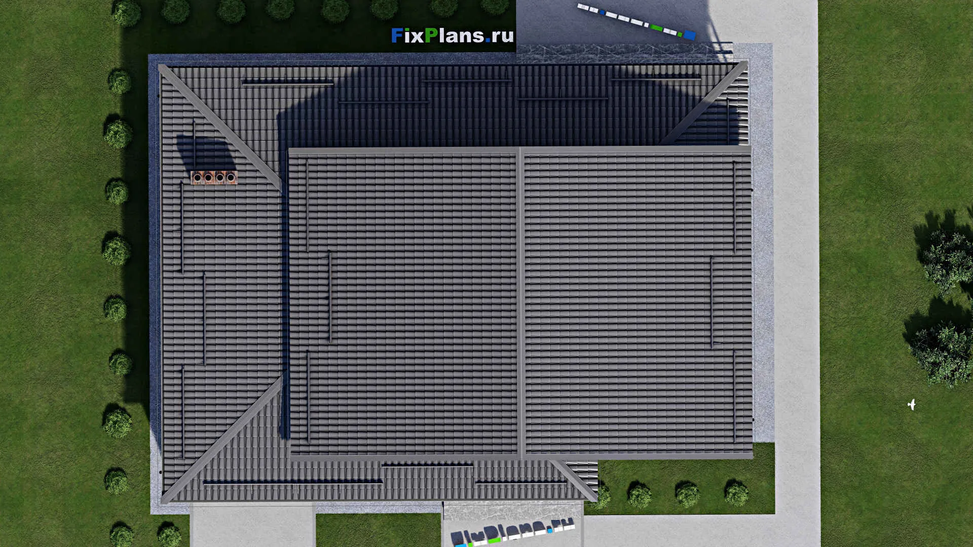 F-2483 - Проект дома с мансардой 14 на 19, площадью 300 м² с террасой, баней, гаражом на 1 машину и 4 спальнями