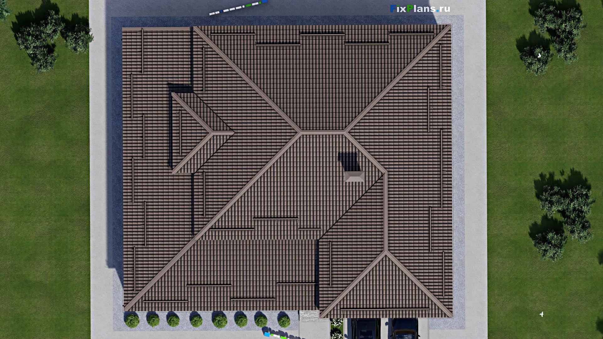 F-2465 - Проект одноэтажного дома 19 на 21, площадью 340 м² с террасой, гаражом на 2 машины и 3 спальнями