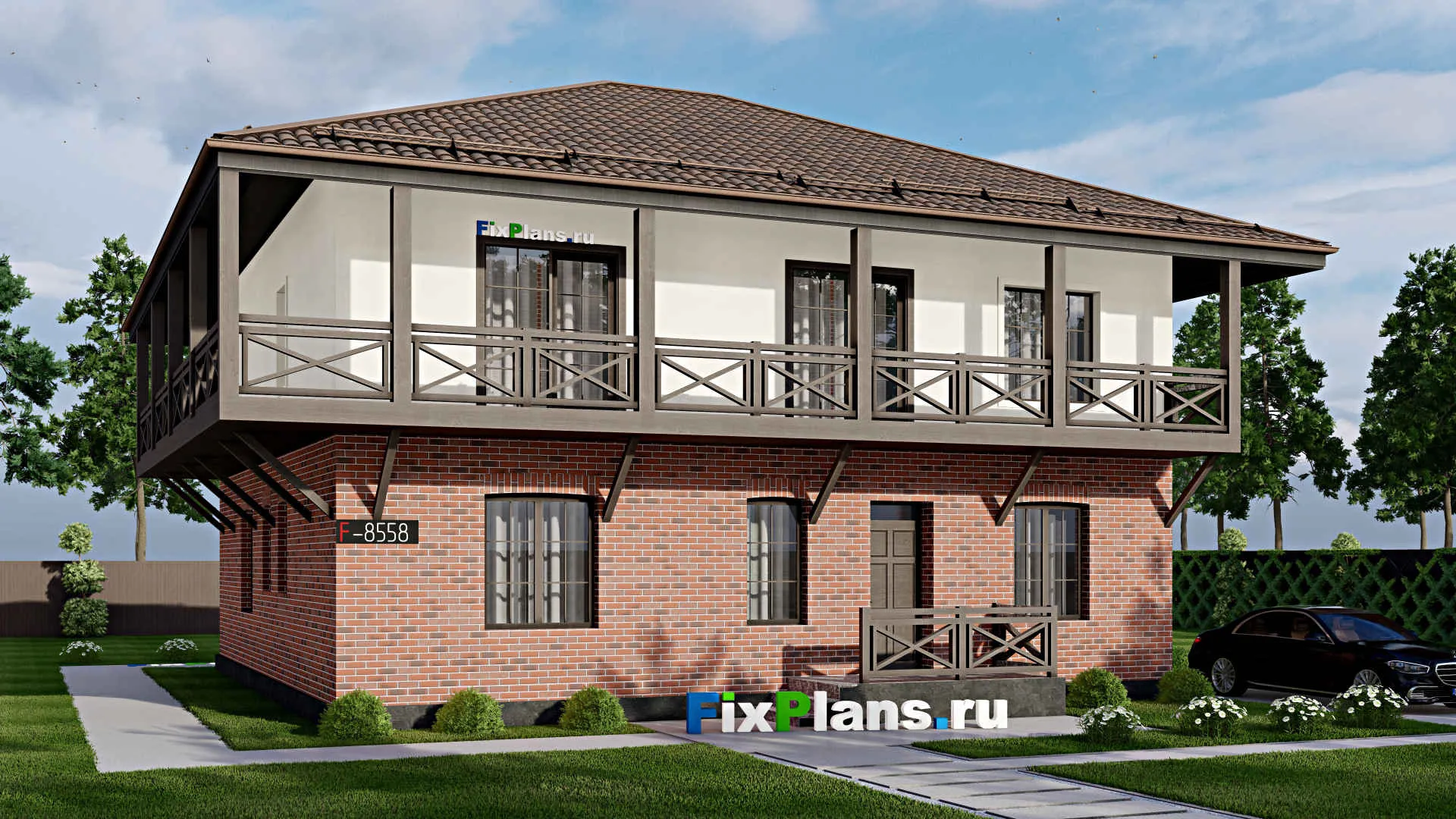 F-8558 - Проект двухэтажного дома 13 на 14, площадью 270 м² с террасой, балконом и 5 спальнями