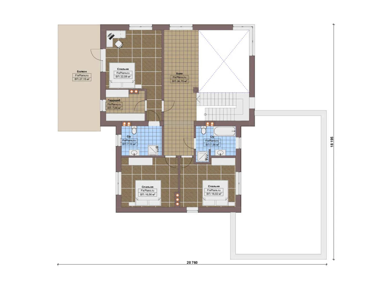 F-17054 - Планы двухэтажного дома 15 на 18, площадью 340 м² с террасой, балконом и 4 спальнями