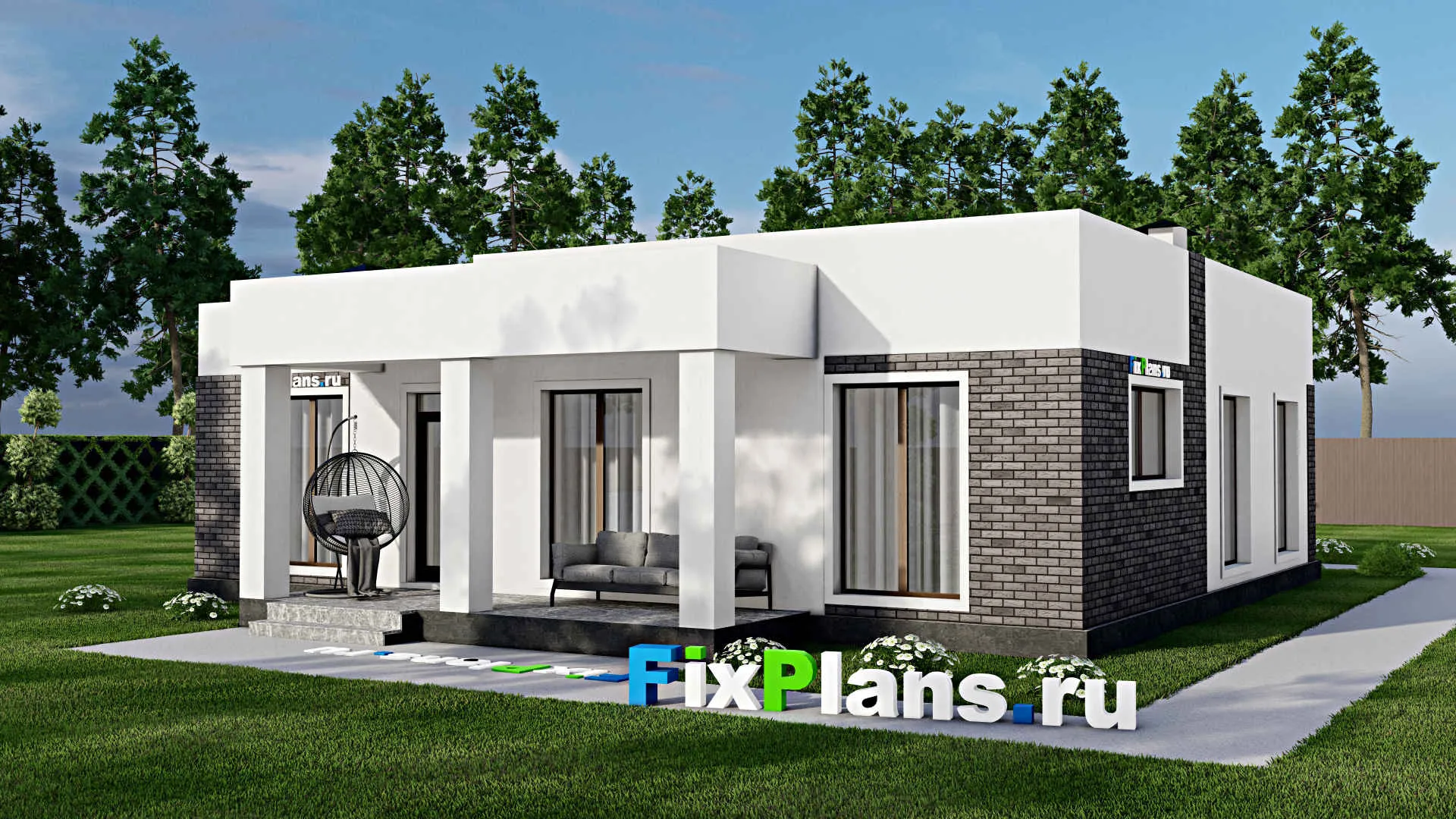 F-8972 - Проект одноэтажного дома 13 на 17, площадью 150 м² с террасой, гаражом на 1 машину и 2 спальнями