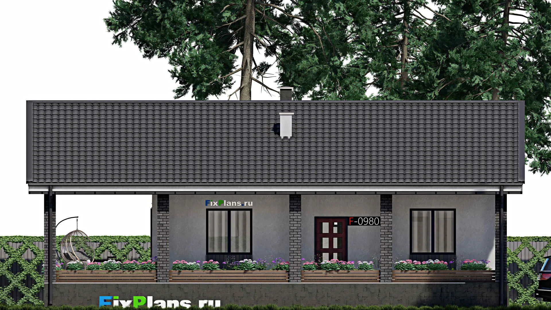 F-0980 - Проект одноэтажного дома 9 на 12, площадью 120 м² с террасой и 2 спальнями