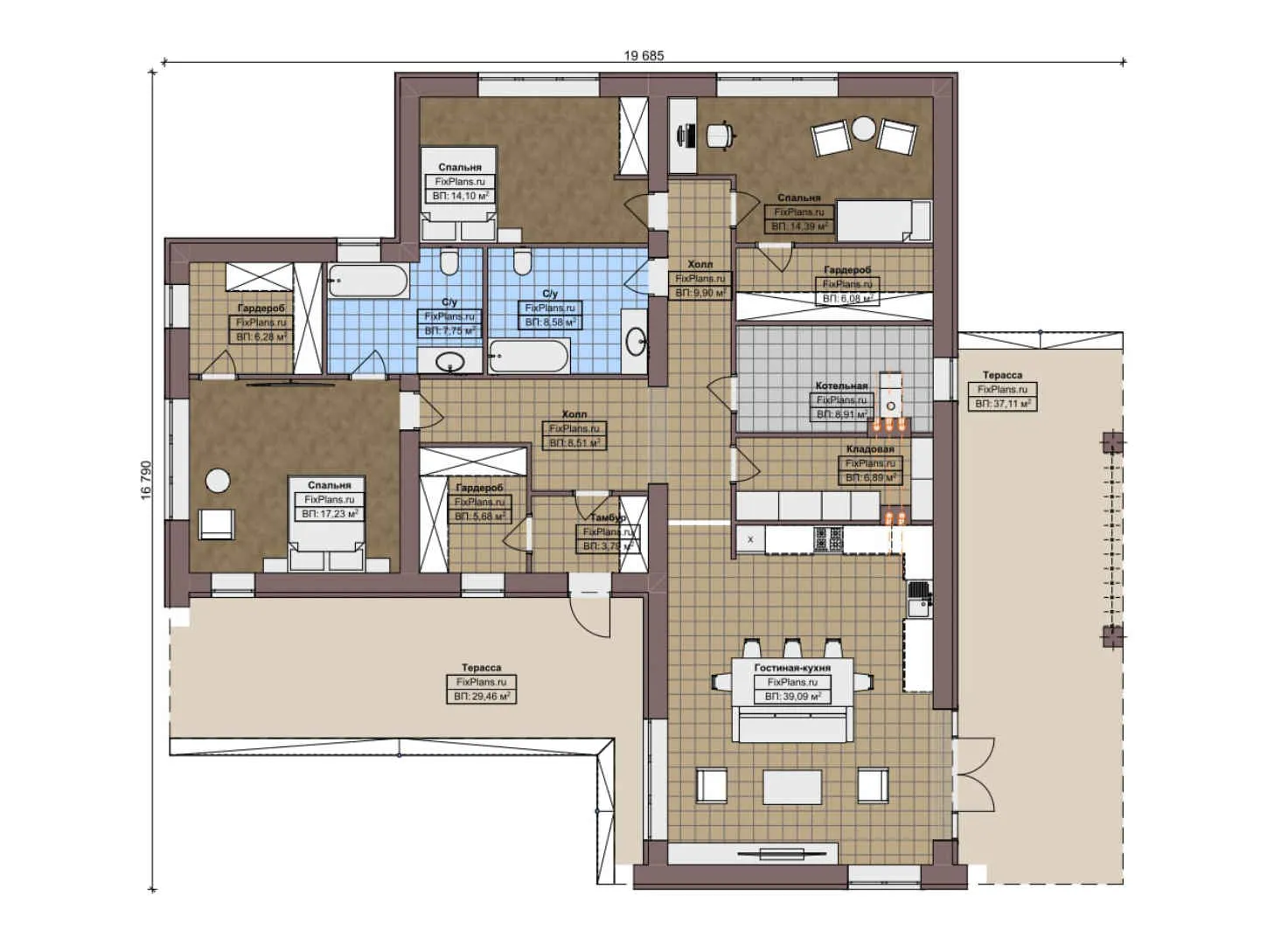 F-7046 - План одноэтажного дома 17 на 20, площадью 230 м² с террасой и 3 спальнями