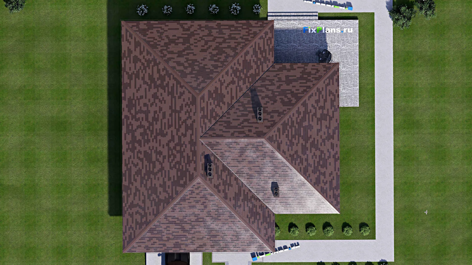 F-15902 - Проект одноэтажного дома 19 на 19, площадью 250 м² с террасой, гаражом на 1 машину и 3 спальнями