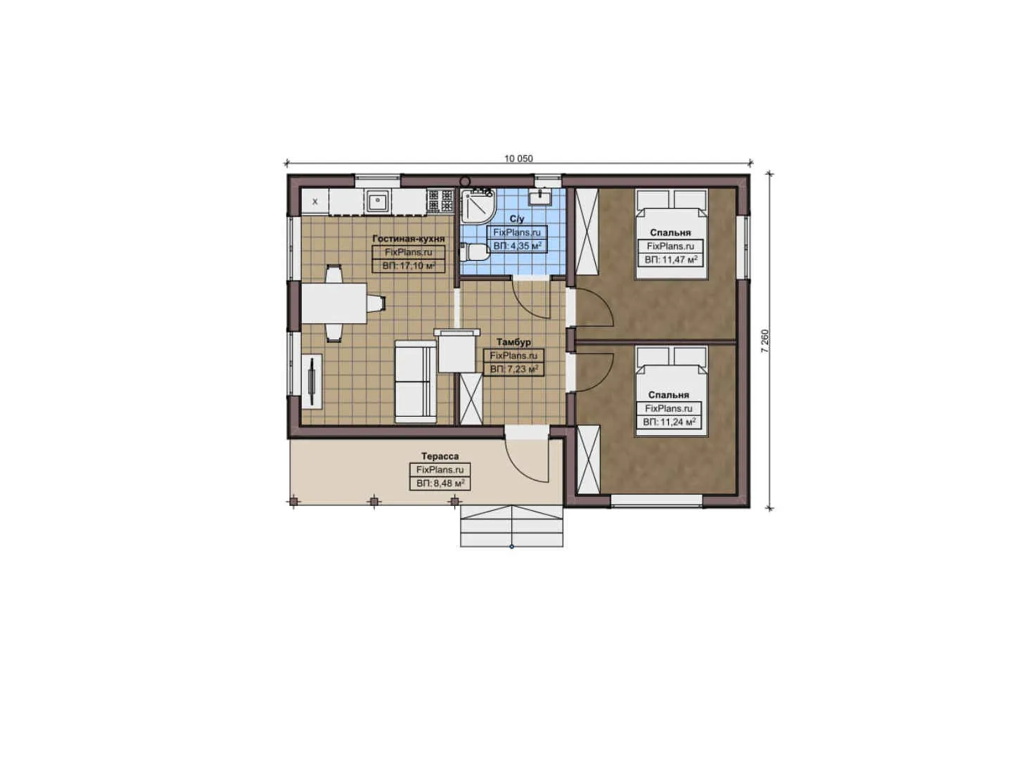 F-12320 - План одноэтажного дома 8 на 11, площадью 60 м² с 2 спальнями