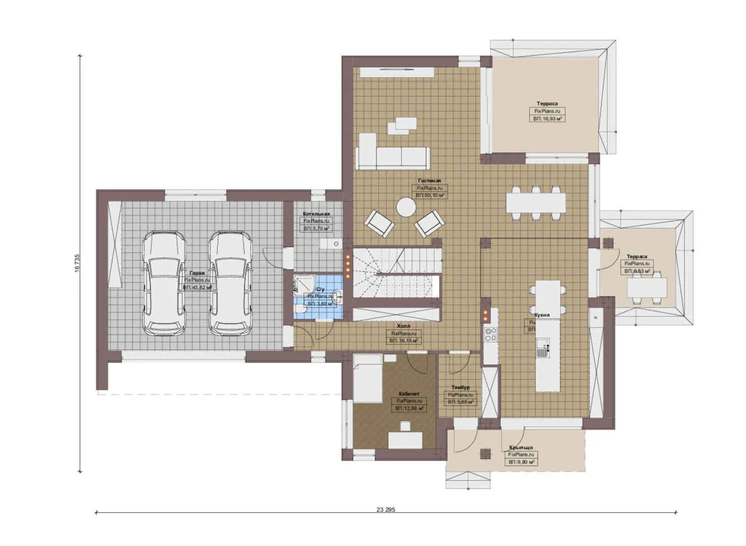 F-16019 - Планы двухэтажного дома 17 на 24, площадью 330 м² с террасой, гаражом на 2 машины и 4 спальнями