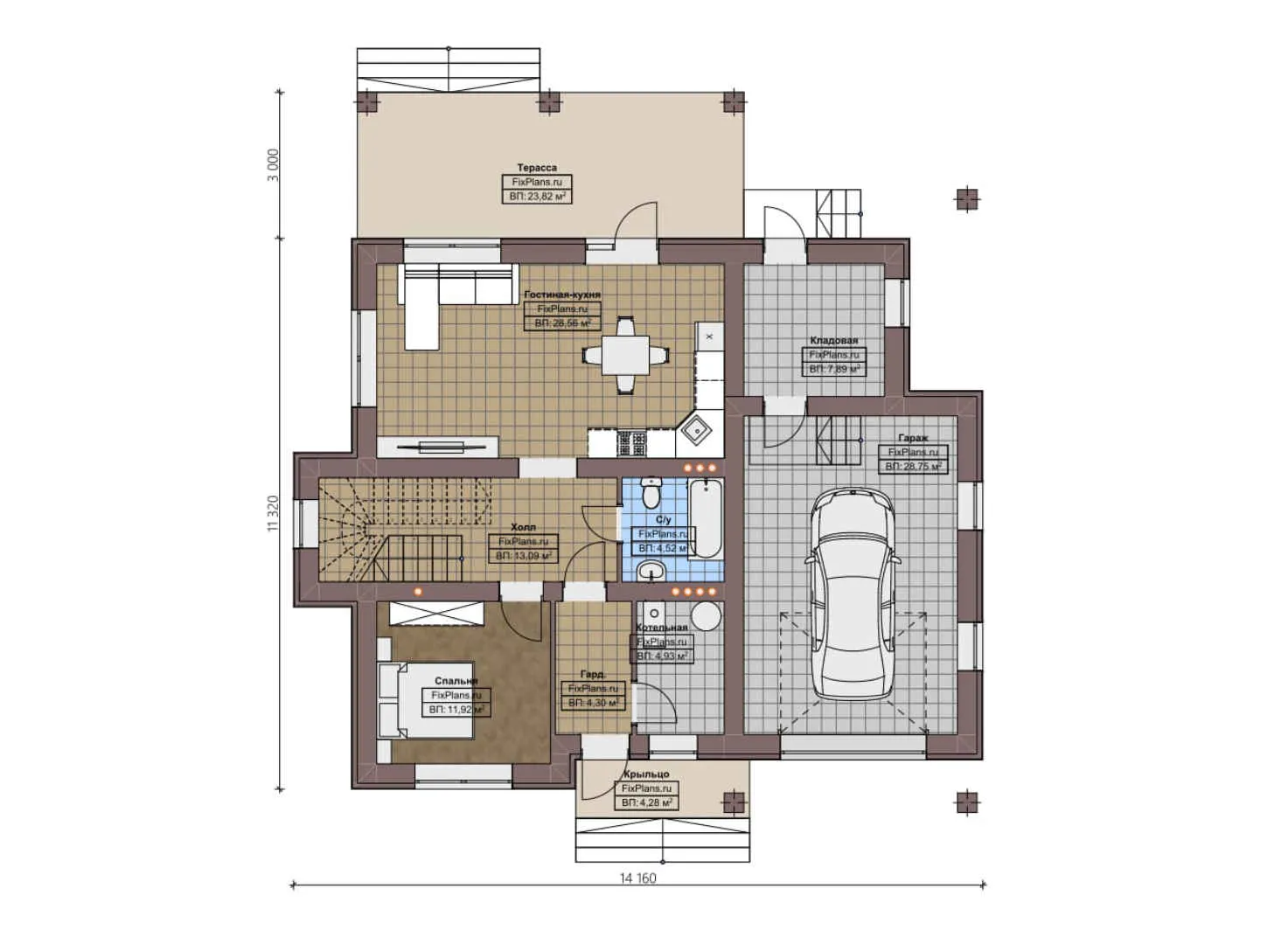 F-2222 - Планы двухэтажного дома 12 на 15, площадью 200 м² с террасой, гаражом на 1 машину и 5 спальнями