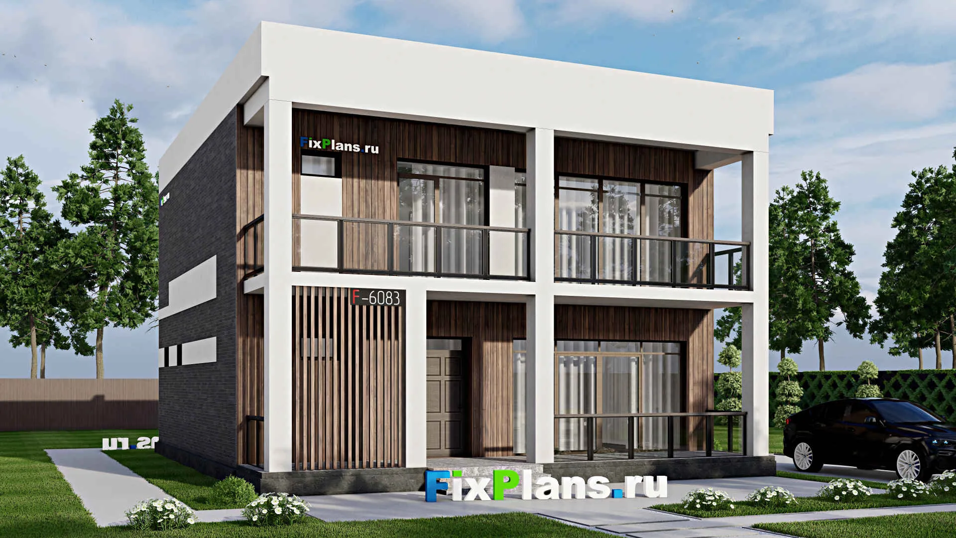 F-6083 - Проект двухэтажного дома 11 на 11, площадью 210 м² с террасой, балконом и 3 спальнями